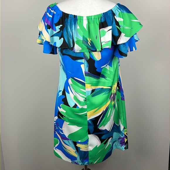 London Times On Off Shoulder Ruffle Multi Floral Tropical Mini Dress Sz 6 Resort - Picture 6 of 15